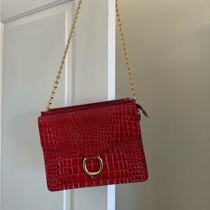 Red Crocodile Leather Evening Purse With Gold Chain Faux Leather